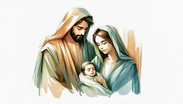 The Holy Family in Watercolor: Mary, Joseph, and Newborn Jesus
