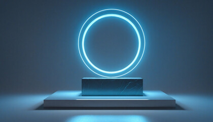 Wall Mural - blue neon ring and cobblestone rock on mirrored background. podium showcase for product display in f