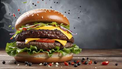 Wall Mural - Spicy Beef Burger with Tasty Ingredients - Ready to Eat with Space for Copy