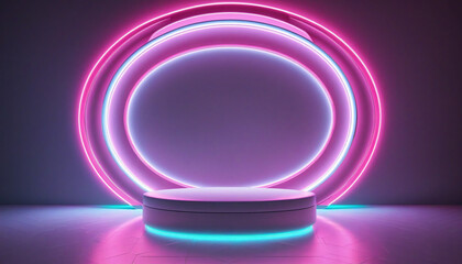 Wall Mural - Neon Oval Abstract Background with Colorful Rays and Reflection