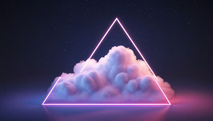 Wall Mural - Abstract night sky with glowing geometric frame and stormy cumulus clouds.