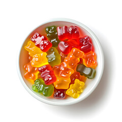 Canvas Print - Sweet gummy bears in different colors on plate top view isolated on white background