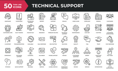 Technical support minimal thin line icons. Related service, feedback, assistance, guidance, help. Editable stroke. Vector illustration.