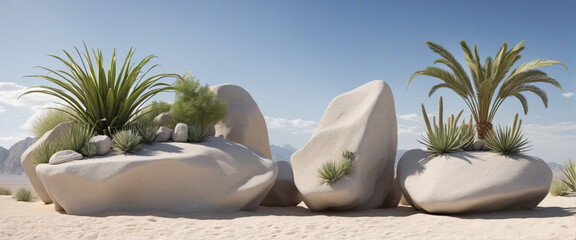 Modern abstract stone and plant decor for home gardens, spas, or desert landscapes.