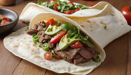 Wall Mural - Homemade beef taco, grilled to perfection, on a rustic wooden table