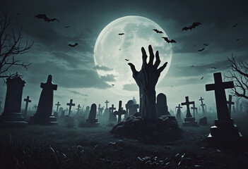 Wall Mural - Rising undead hands in eerie nighttime cemetery scene. Halloween horror background with monstrous hands emerging from graves. Creepy graveyard atmosphere on spooky night. Fear-inducing night of terror