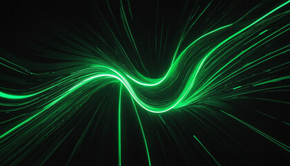 Wall Mural - neon abstract wallpaper with glowing green lines on black background. energy streams with moving par