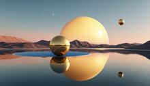 3d Render. Abstract Minimal Background Of Fantastic Sunset Landscape, Golden Glossy Ball, Saturn Planet, Hills And Reflection In The Water. Surreal Aesthetic Wallpaper