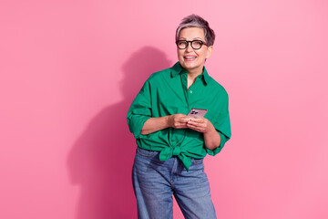 Sticker - Photo of attractive pensioner woman instagram twitter facebook telegram dressed stylish green clothes isolated on pink color background