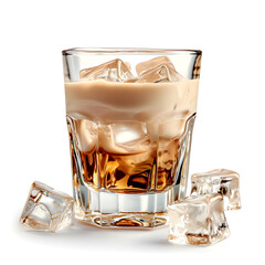 Wall Mural - Glass shot of cream liqueur baileys with ice isolated on white background