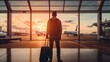 Tourist travel, Young man standing at departure hall to travel by international flight airplane alone at sunset, modern lifestyle , AI generated photo, copy space for text