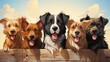 Cartoon smiling cute dogs of different breeds peek out from behind a wooden fence. Banner with animals Concept: veterinary advertising and animal breeding
