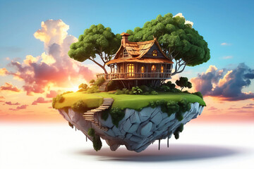 Wall Mural - 3d floating island and tree house