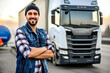 Portrait of a smiling truck driver. A happy confident driver stands in front of his truck