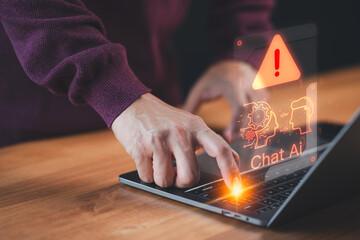 Poster - Man using a laptop chatting with smart AI, apps artificial intelligence chatbot with triangle caution warning sign for notification error. Chat with application AI, Artificial Intelligence.
