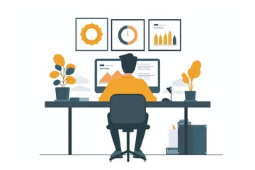 Poster - A designer pondering over a digital sketch of a whimsical cartoon outfit on his computer, surrounded by clothing patterns and illustrations