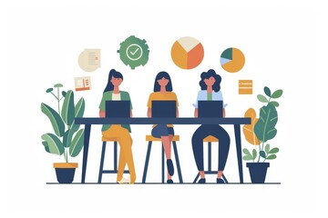 Poster - A group of creative minds huddled around a table, their laptops illuminating the room as they bring their ideas to life through colorful illustrations, whimsical cartoons, and intricate designs