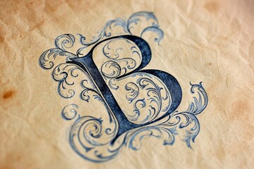 Poster - A intricate ink sketch of a letter b delicately embroidered on a paper, showcasing the beauty of both drawing and art