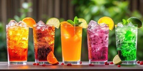 Colorful soda drinks in glasses vibrant set