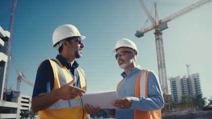 onstruction manager talking about architectural plan at construction site	