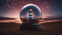    The Landmark Swakopmund Lighthouse, In A Snow Globe Surrounded By Stars At Sunset