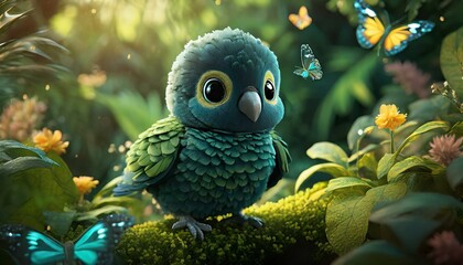 3D render baby parrot, adorable big eyes, in a garden with butterflies, lush greenery