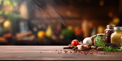 Wall Mural - Editable product space on blurred kitchen background with vegetables and spices on empty wooden table.