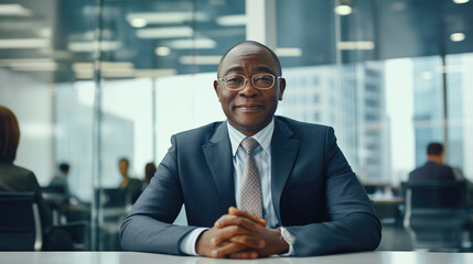 well-dressed african american businessman sits behind a desk and looks directly at the camera before
