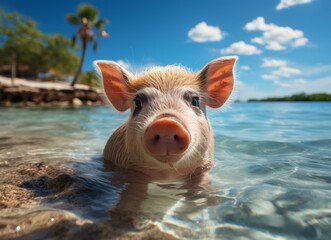 Wall Mural - Cute pig swimming in tropical sea, summer vacation concept.