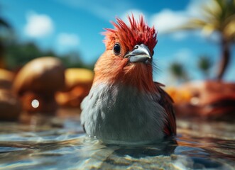 Wall Mural - Red headed cardinal bird on the shore of the Mediterranean Sea