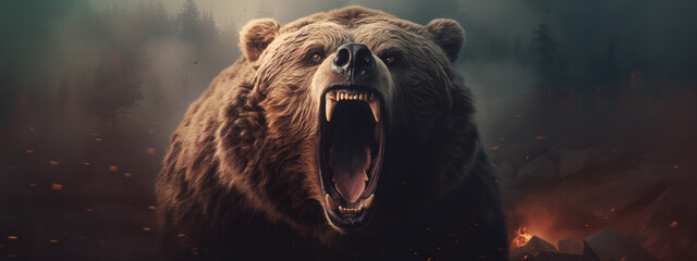 Wall Mural - Cinematic Grizzly Bear attack banner. Aggressive Brown Bear roaring