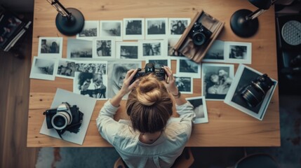 Top view of young woman photographer working in studio. Female photographer checking image prints.