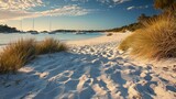 Fototapeta  - Closeup of sand on beach and blue summer sky. Panoramic beach landscape. Empty tropical beach and seascape. Orange and golden sunset sky, soft sand, calmness, tranquil relaxing sunlight, summer mood