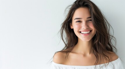 Wall Mural - Perfect cosmetology skin care. Portrait of tender young woman with perfect face smiling at camera, posing isolated over grey studio background. Woman health care routine. Concept of beauty, health, ad