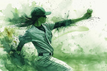Baseball Player In Action, Woman Green Watercolour With Copy Space