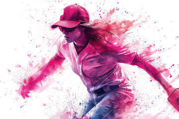 Wall Mural - Baseball player in action, woman pink watercolour with copy space