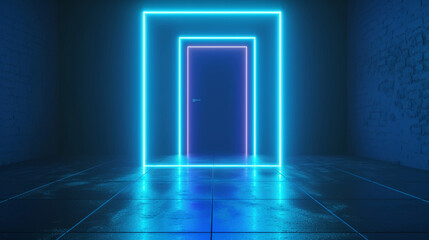 Poster - 3d rendering, abstract minimalist geometric background. Bright daylight, blue neon light. Doorway portal glowing in the dark