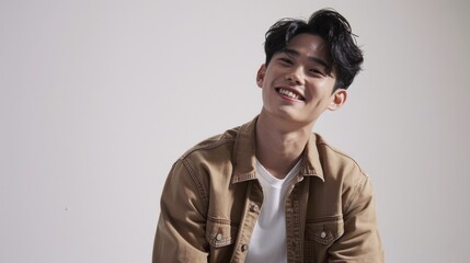 Poster - Smiling young asian teenage man wearing white shirt and jeans shirt on white background