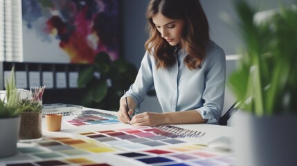 Wall Mural - young woman designer choosing interior design color from swatch palette, pink tones for new interior