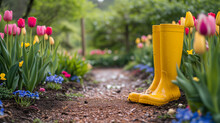 Yellow Rubber Wellington Boots In The Garden Trail Surrounded By Tulips And Pansies. Gardening Idea.