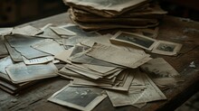 A Collection Of Old Photographs And Tattered Documents Spread Out On A Vintage Wooden Desk, Telling Stories Of The Past.
