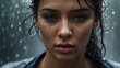A woman in the rain, detailed raindrops, closeup