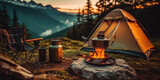 Fototapeta  - camping in the mountains, camping in the night, Camp fire and tea pot, tent and mountains