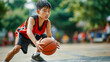 © Korea Saii - Child Playing Basketball Outdoors on a Playground Trains Hard Wallpaper Digital Art Magazine Background Poster Cover