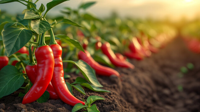 Chili on plant with chili field in background.