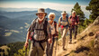 © thodonal - Group of senior hikers trekking on mountain trail with poles