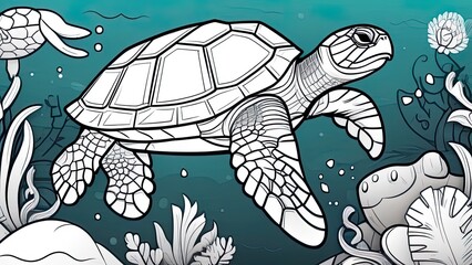 Wall Mural - Funny turtle coloring page. turtle cartoon characters. For kids coloring book.