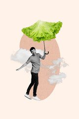 Sticker - Collage artwork minimal picture of funny funky guy walking holding salad leaf umbrella isolated beige color background