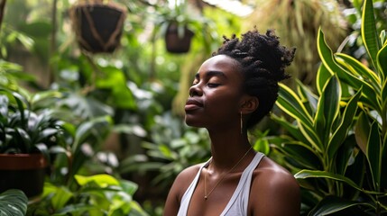 Achieve inner peace and relaxation by practicing mindful breathing in a lush greenhouse surrounded by plants, accompanied by a grateful young woman.