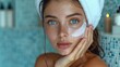 © Ellionn - Beautiful freckled woman apply face cream. Facial anti age wrinkle spa procedure. Skin care product. Beauty cosmetic. Pretty girl relax after bath. Smear moisturizing mask. Natural eco spf sun creme.